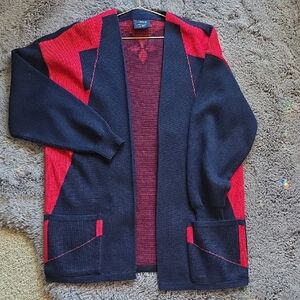 Vintage KRISS Women's Striking Navy and Red Open Cardigan Med Relaxed